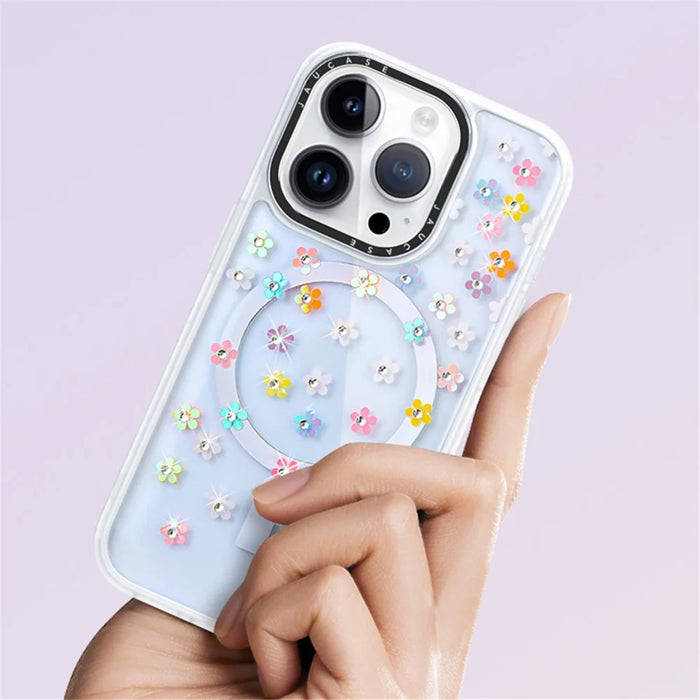 JAUCASE For iPhone 14 Pro Max Case Rhinestone Flower Pattern Phone Cover Compatible with MagSafe - Colorful Flower+White - 3