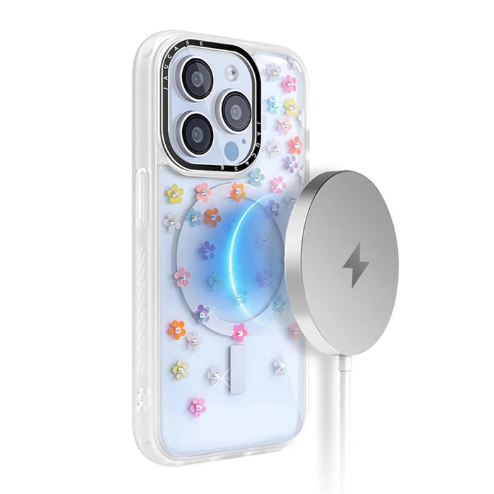 JAUCASE For iPhone 14 Pro Max Case Rhinestone Flower Pattern Phone Cover Compatible with MagSafe - Colorful Flower+White - 4