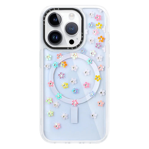 JAUCASE For iPhone 14 Pro Rhinestone Decor Flower Laser PC+TPU Phone Cover Compatible with MagSafe - Colorful Flower+White - 1
