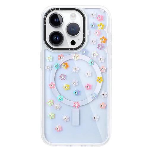 JAUCASE For iPhone 14 Pro Rhinestone Decor Flower Laser PC+TPU Phone Cover Compatible with MagSafe - Colorful Flower+White - 1