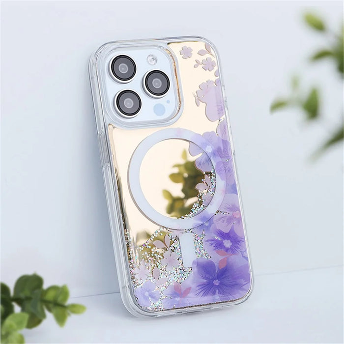 JAUCASE For iPhone 15 Pro Case Flower Pattern Mirror Surface TPU+PC Magnetic Cover - Purple Flower - 2