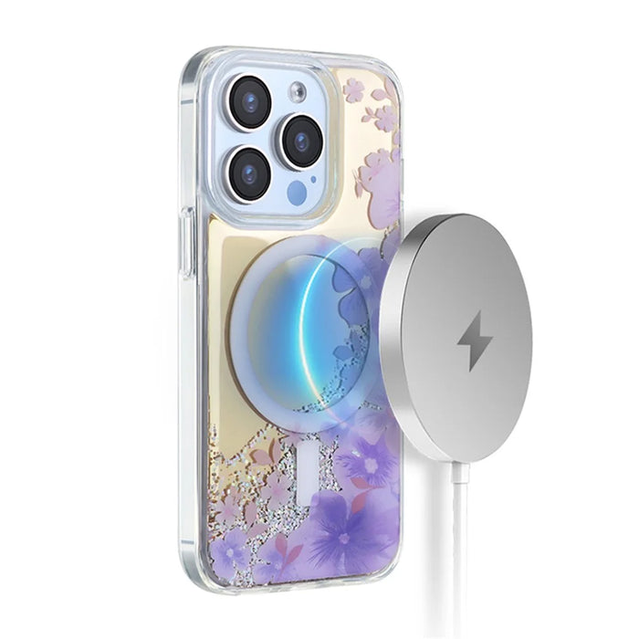 JAUCASE For iPhone 15 Pro Case Flower Pattern Mirror Surface TPU+PC Magnetic Cover - Purple Flower - 3