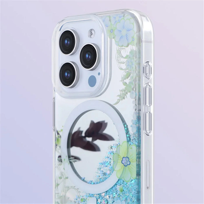 JAUCASE For iPhone 15 Pro Case Flower Pattern Mirror Surface TPU+PC Magnetic Cover - Purple Flower - 5