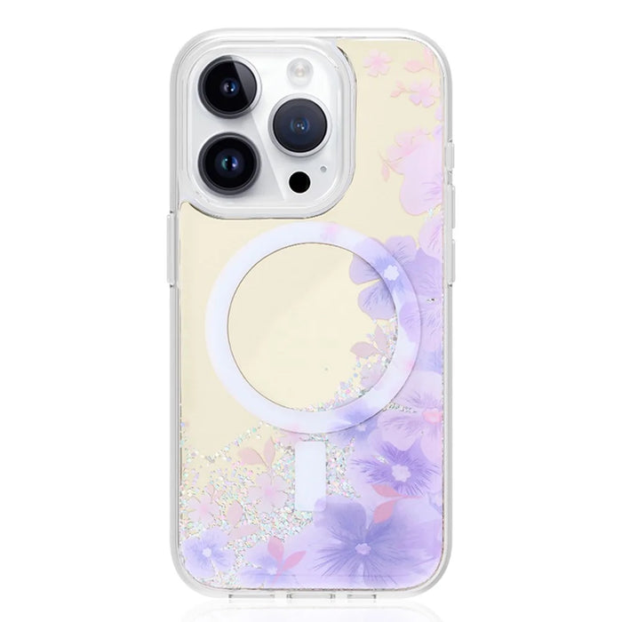 JAUCASE For iPhone 14 Pro Max Case Mirror Surface PC+TPU Phone Cover Compatible with MagSafe - Purple Flower - 1