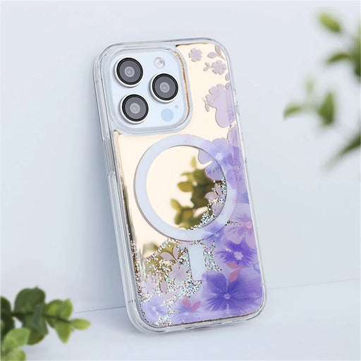 JAUCASE For iPhone 14 Pro Max Case Mirror Surface PC+TPU Phone Cover Compatible with MagSafe - Purple Flower - 2