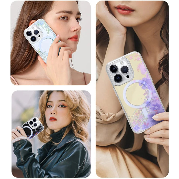 JAUCASE For iPhone 14 Pro Max Case Mirror Surface PC+TPU Phone Cover Compatible with MagSafe - Purple Flower - 7