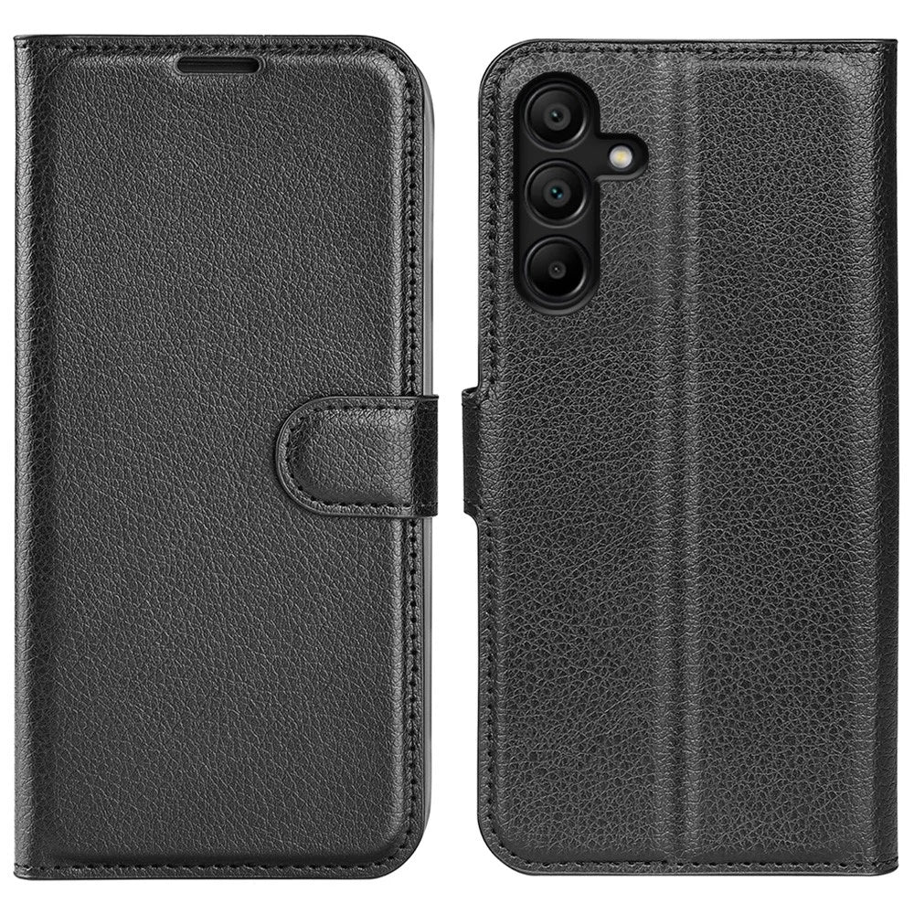 For Samsung Galaxy M15 5G Case Litchi Texture Leather Phone Cover Card Slot Magnetic Clasp - Black - 1