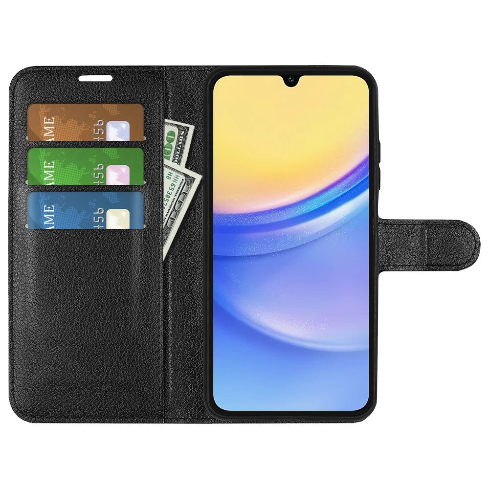For Samsung Galaxy M15 5G Case Litchi Texture Leather Phone Cover Card Slot Magnetic Clasp - Black - 2