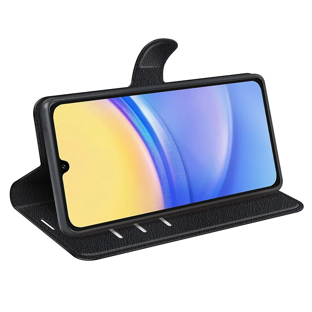 For Samsung Galaxy M15 5G Case Litchi Texture Leather Phone Cover Card Slot Magnetic Clasp - Black - 3