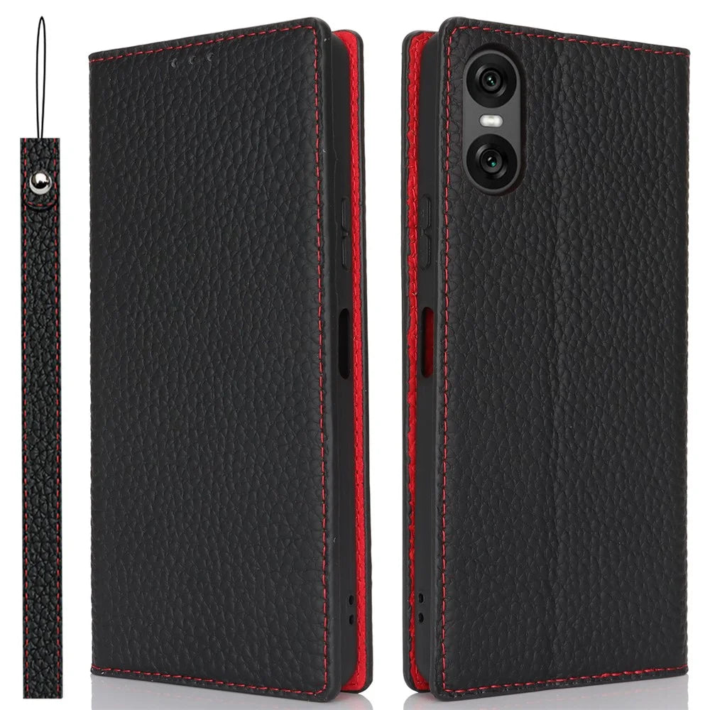 For Sony Xperia 10 VI Case Genuine Cow Leather Wallet Stand Phone Cover - Black - 1