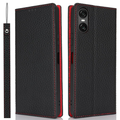 For Sony Xperia 10 VI Case Genuine Cow Leather Wallet Stand Phone Cover - Black - 1