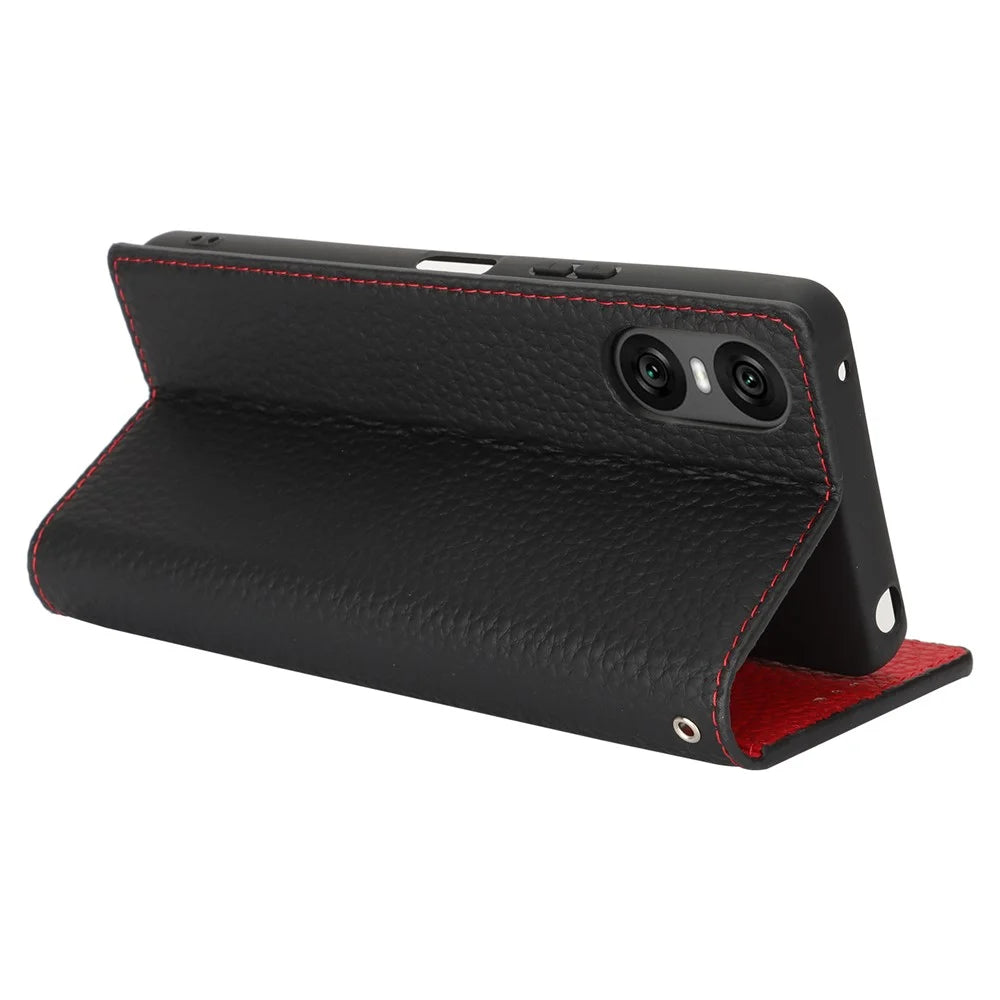 For Sony Xperia 10 VI Case Genuine Cow Leather Wallet Stand Phone Cover - Black - 3