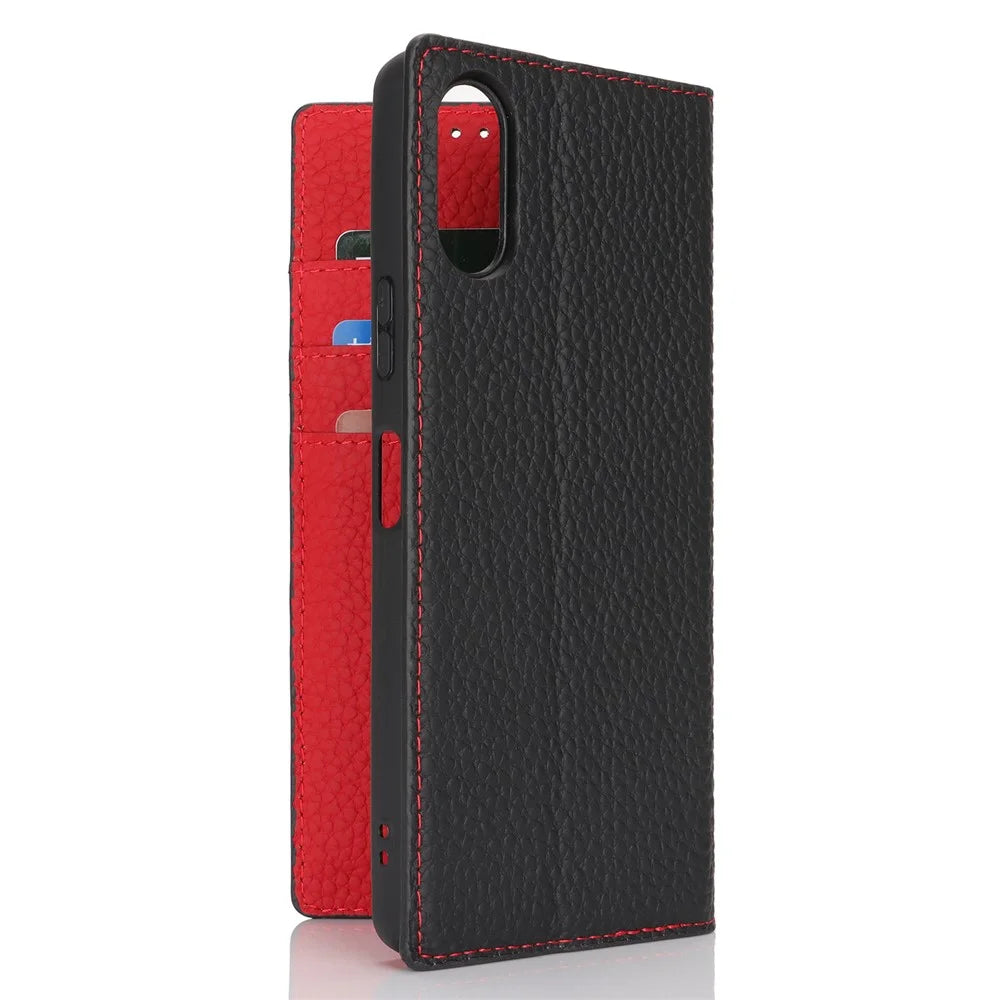 For Sony Xperia 10 VI Case Genuine Cow Leather Wallet Stand Phone Cover - Black - 5