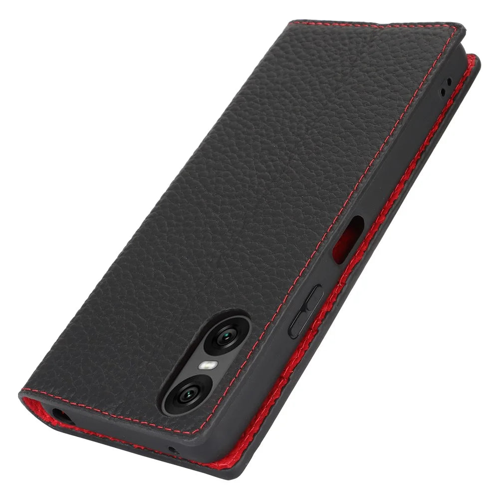 For Sony Xperia 10 VI Case Genuine Cow Leather Wallet Stand Phone Cover - Black - 6
