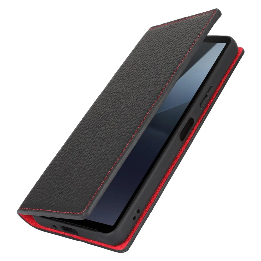 For Sony Xperia 10 VI Case Genuine Cow Leather Wallet Stand Phone Cover - Black - 7
