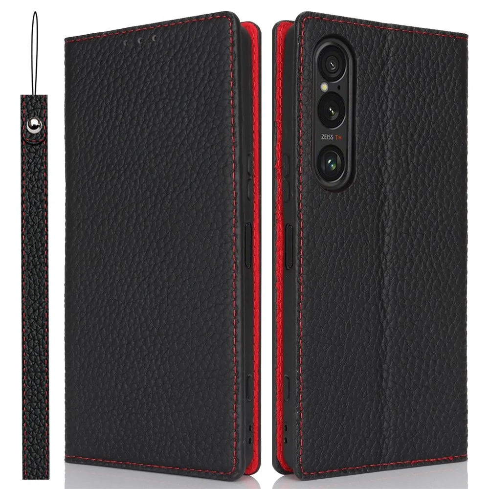 For Sony Xperia 1 VI Case Genuine Cow Leather Litchi Texture Flip Phone Cover - Black - 1