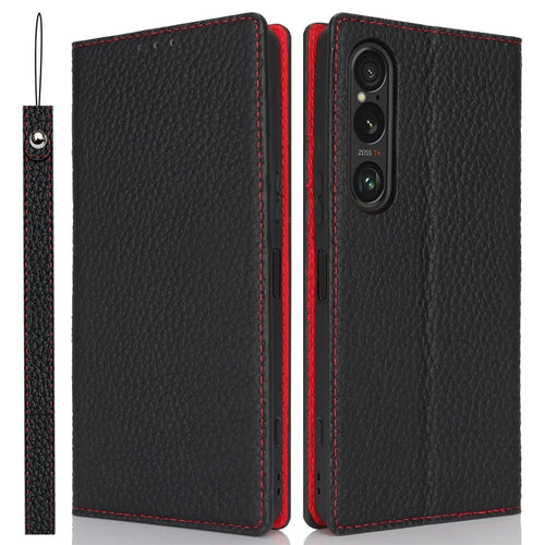 For Sony Xperia 1 VI Case Genuine Cow Leather Litchi Texture Flip Phone Cover - Black - 1