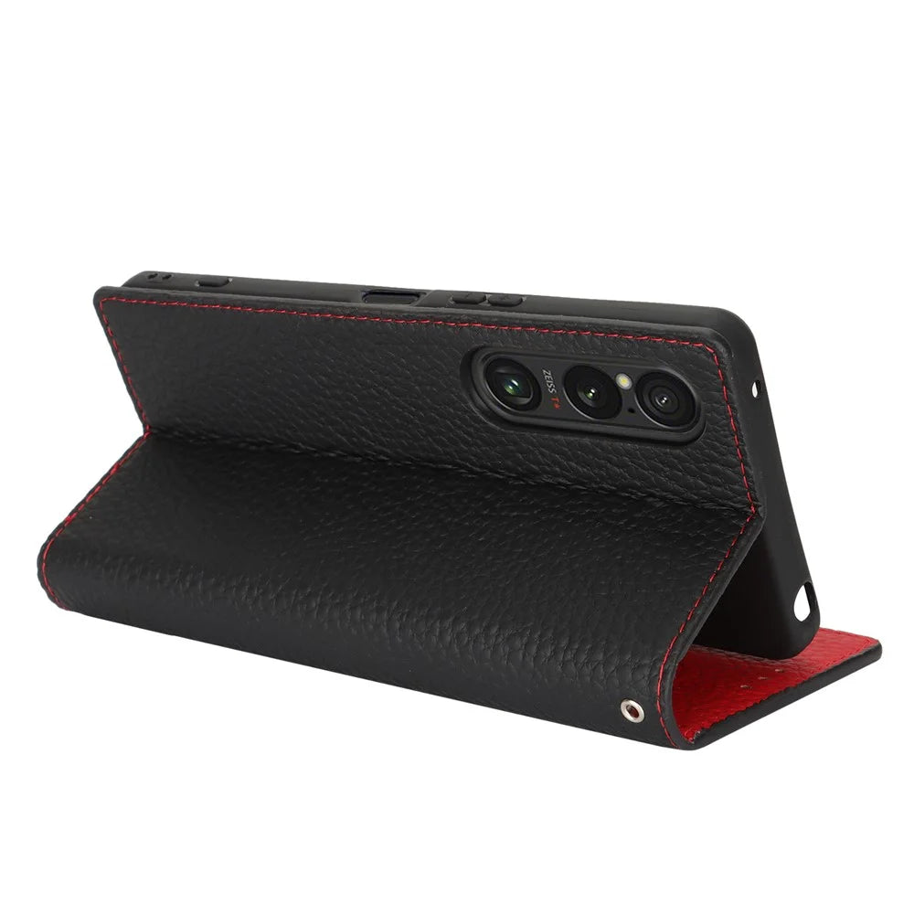 For Sony Xperia 1 VI Case Genuine Cow Leather Litchi Texture Flip Phone Cover - Black - 3