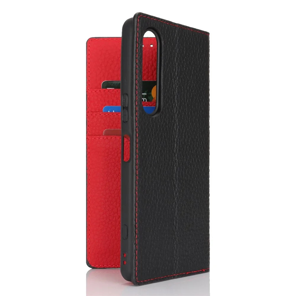 For Sony Xperia 1 VI Case Genuine Cow Leather Litchi Texture Flip Phone Cover - Black - 5