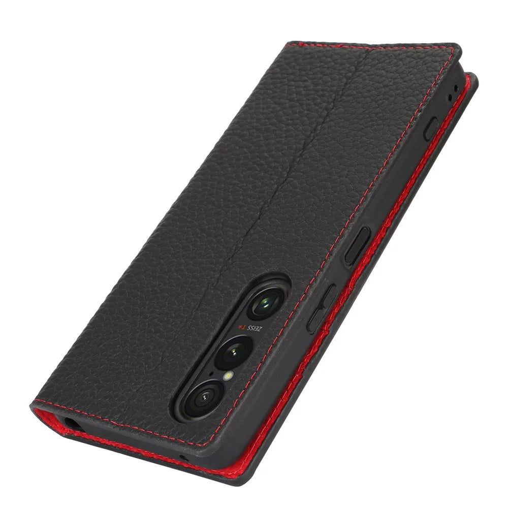 For Sony Xperia 1 VI Case Genuine Cow Leather Litchi Texture Flip Phone Cover - Black - 6