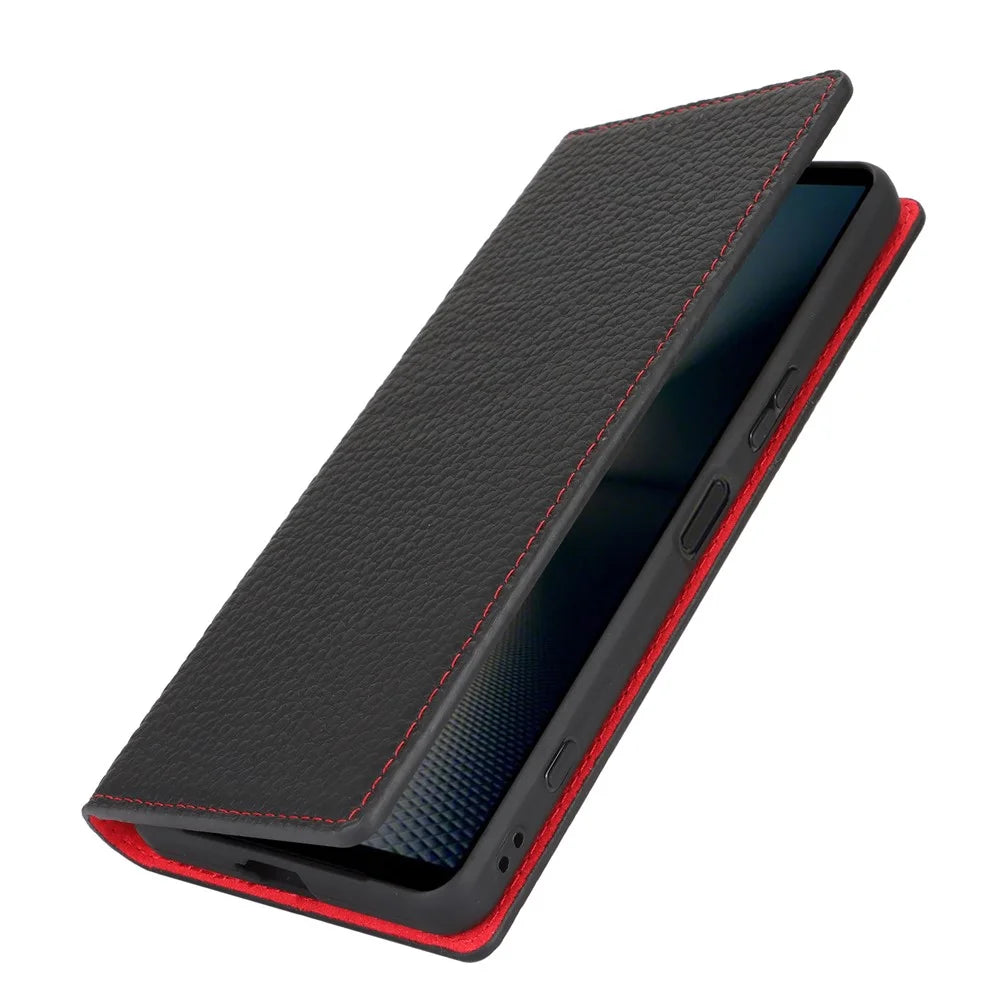 For Sony Xperia 1 VI Case Genuine Cow Leather Litchi Texture Flip Phone Cover - Black - 7
