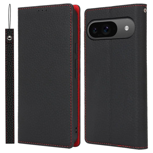 For Google Pixel 9 / 9 Pro Case with Hand Strap Genuine Cow Leather Phone Cover - Black - 1