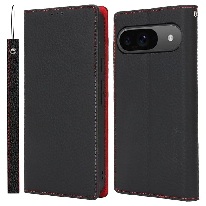 For Google Pixel 9 / 9 Pro Case with Hand Strap Genuine Cow Leather Phone Cover - Black - 1