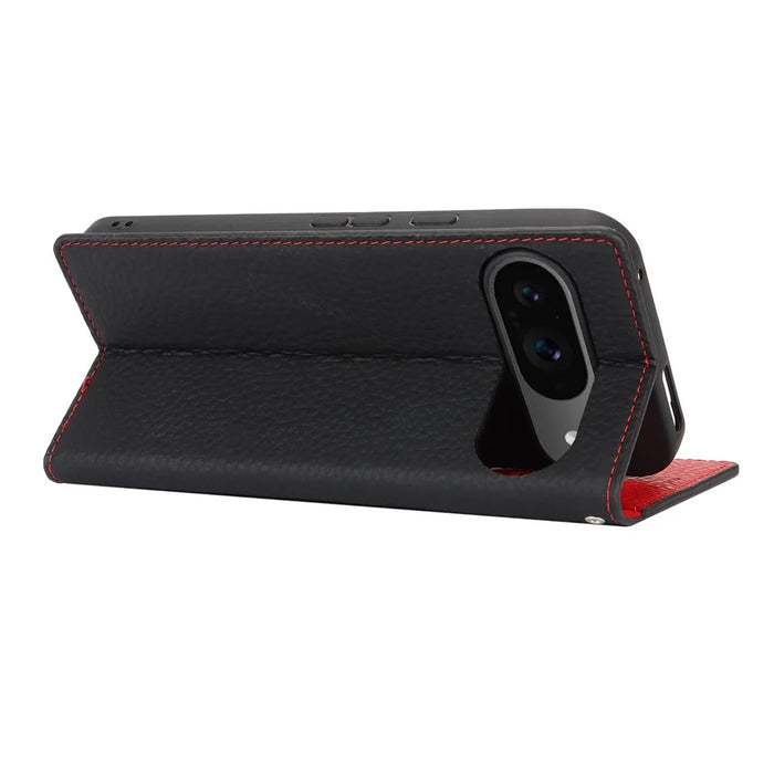 For Google Pixel 9 / 9 Pro Case with Hand Strap Genuine Cow Leather Phone Cover - Black - 4