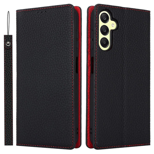 For Samsung Galaxy A25 5G (Global) (161.0 X 76.5 X 8.3mm) Case Genuine Cow Leather Flip Phone Cover - Black - 1