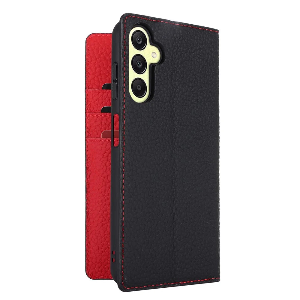 For Samsung Galaxy A25 5G (Global) (161.0 X 76.5 X 8.3mm) Case Genuine Cow Leather Flip Phone Cover - Black - 5