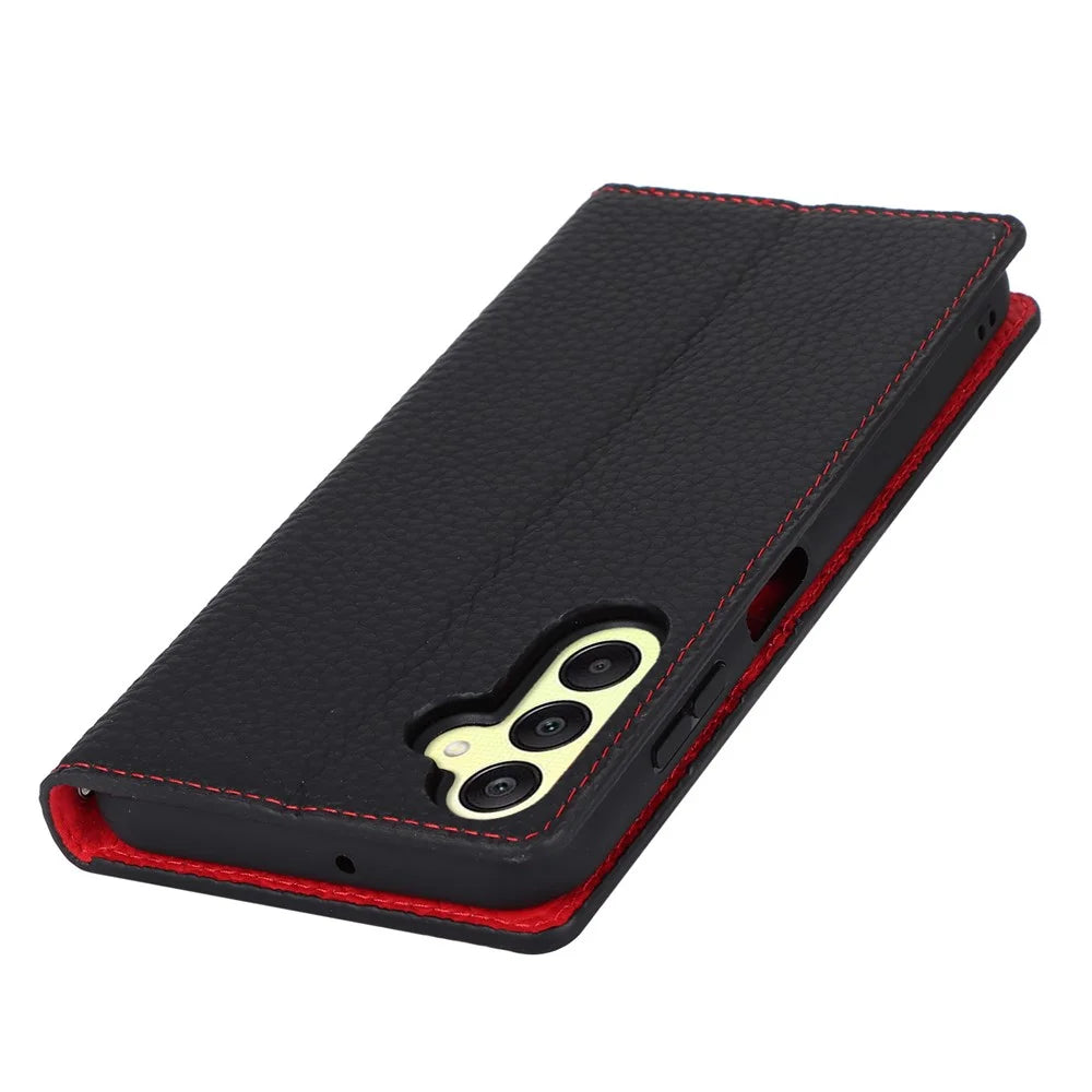 For Samsung Galaxy A25 5G (Global) (161.0 X 76.5 X 8.3mm) Case Genuine Cow Leather Flip Phone Cover - Black - 6