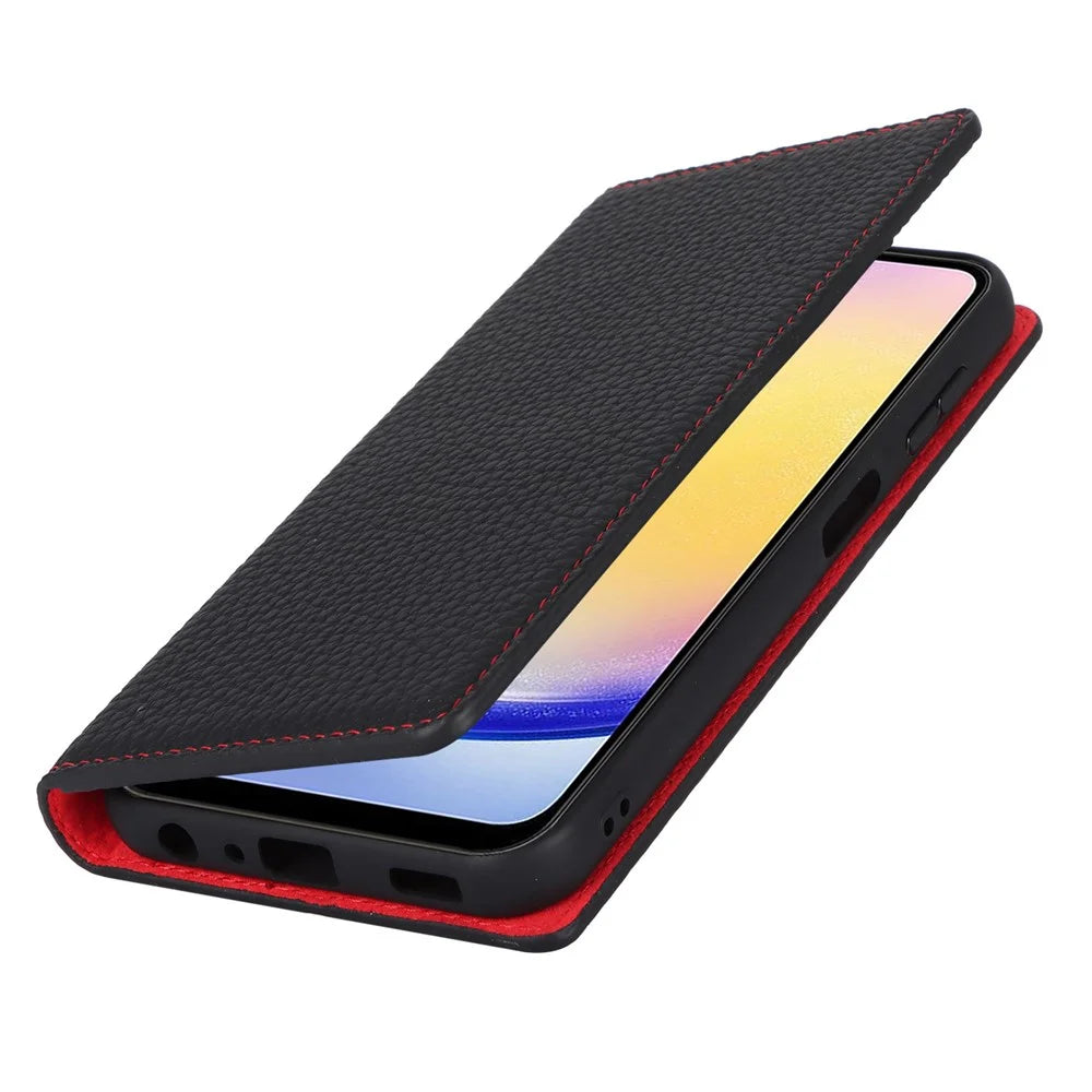 For Samsung Galaxy A25 5G (Global) (161.0 X 76.5 X 8.3mm) Case Genuine Cow Leather Flip Phone Cover - Black - 7