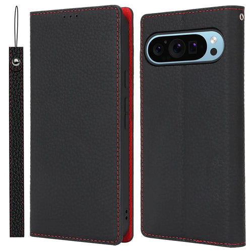 For Google Pixel 9 Pro XL Case Litchi Texture Genuine Cow Leather Phone Cover - Black - 1