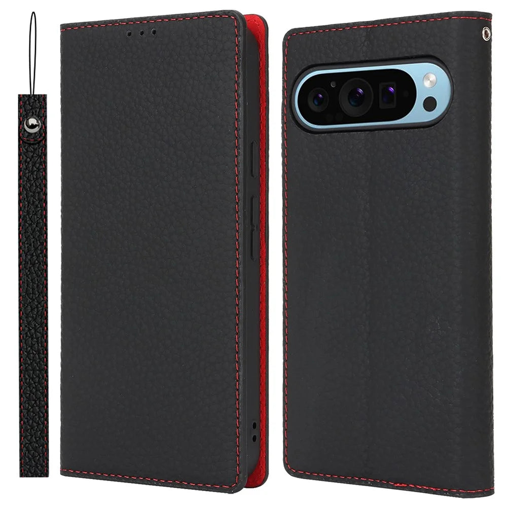 For Google Pixel 9 Pro XL Case Litchi Texture Genuine Cow Leather Phone Cover - Black - 1