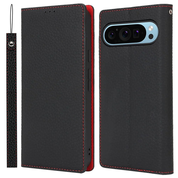 For Google Pixel 9 Pro XL Case Litchi Texture Genuine Cow Leather Phone Cover - Black - 1