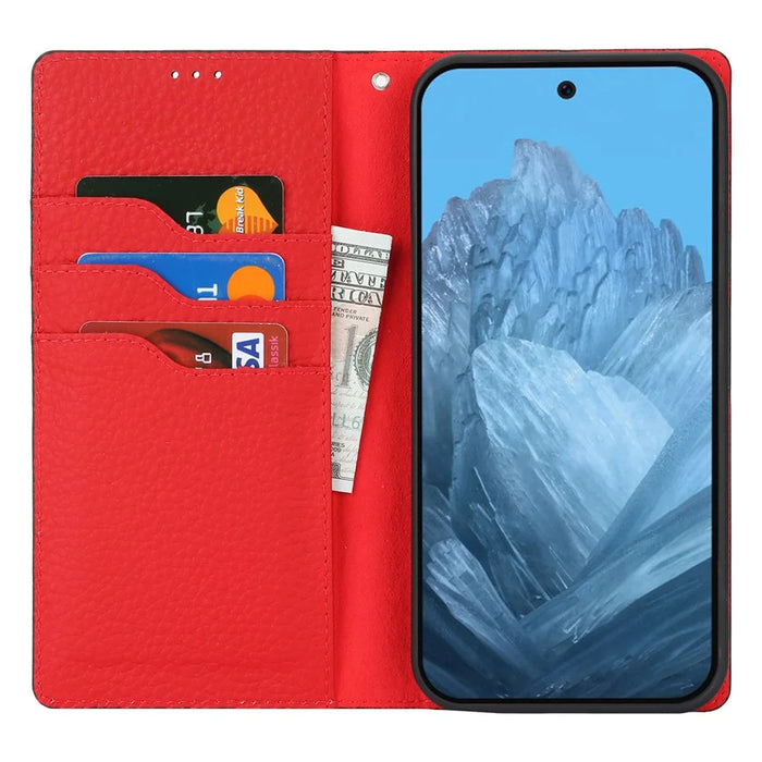 For Google Pixel 9 Pro XL Case Litchi Texture Genuine Cow Leather Phone Cover - Black - 2