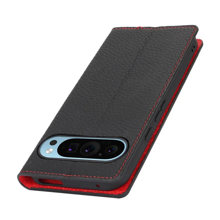For Google Pixel 9 Pro XL Case Litchi Texture Genuine Cow Leather Phone Cover - Black - 6