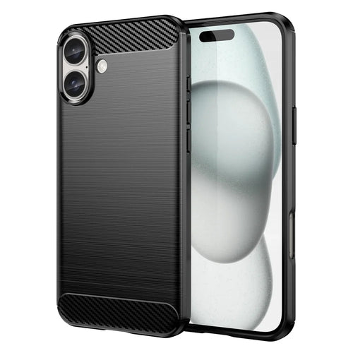 For iPhone 16 Plus Case Brushed Soft TPU Phone Cover Carbon Fiber Texture - Black - 1