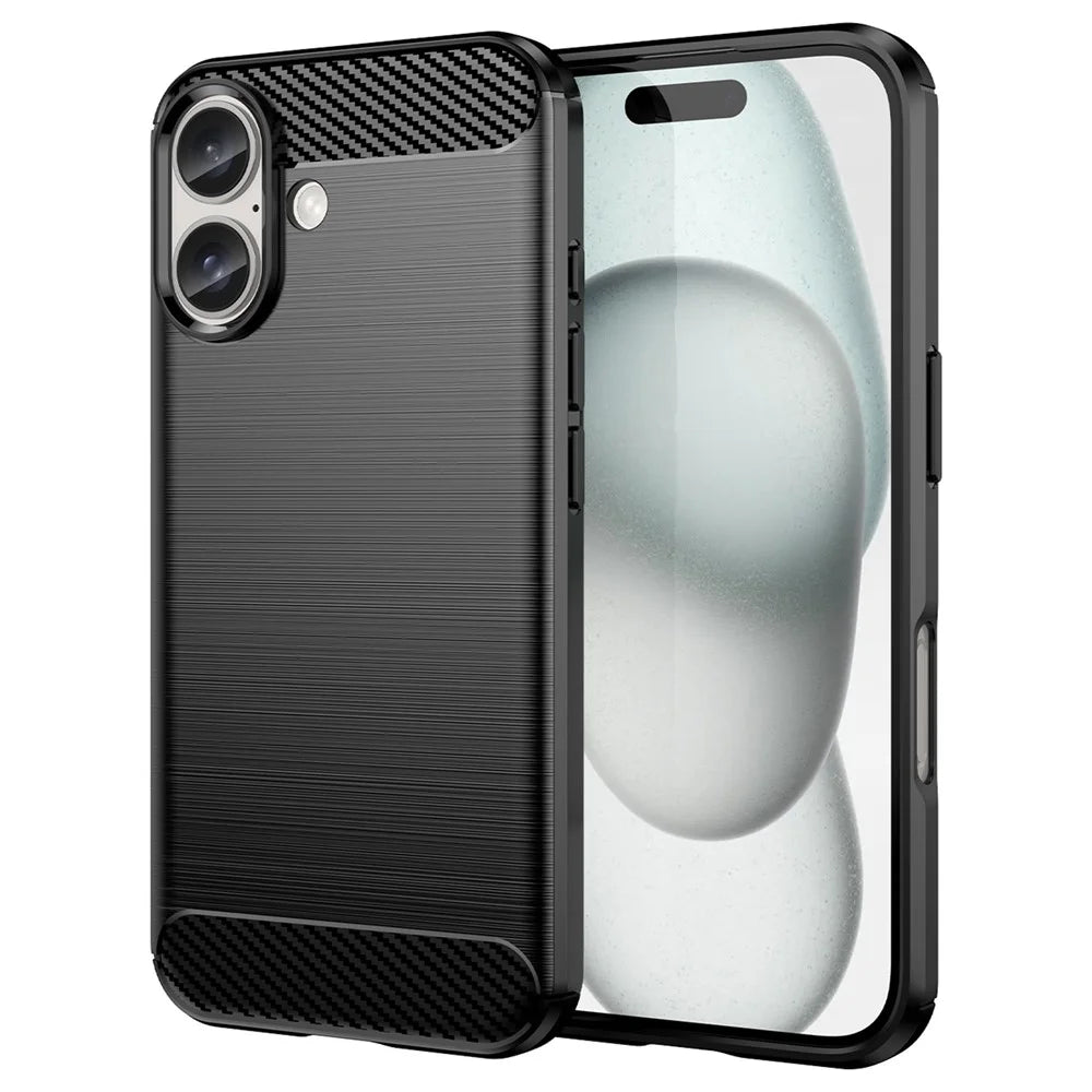 For iPhone 16 Case Brushed Soft TPU Phone Cover Carbon Fiber Texture - Black - 1