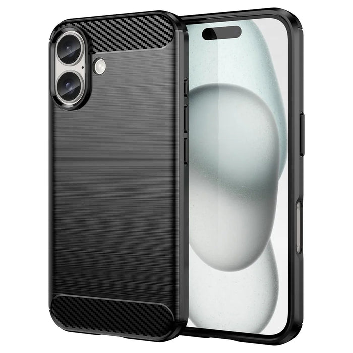For iPhone 16 Case Brushed Soft TPU Phone Cover Carbon Fiber Texture - Black - 1