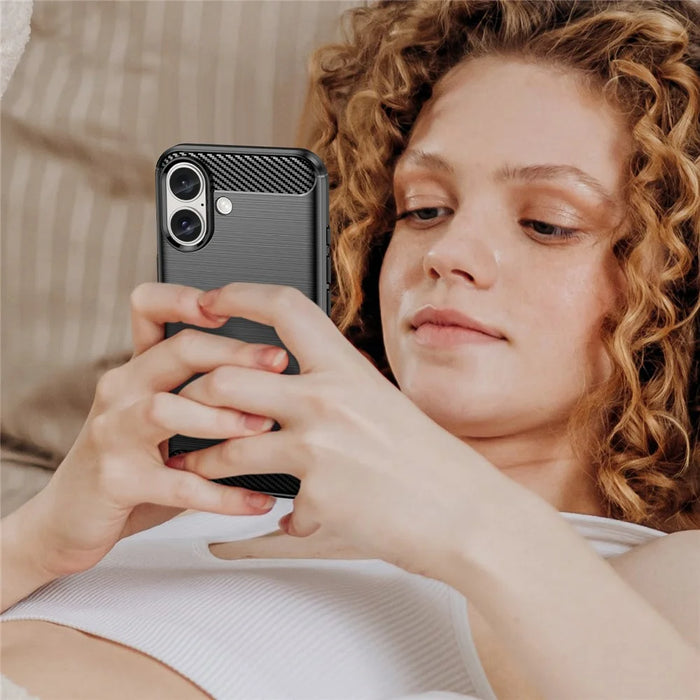 For iPhone 16 Case Brushed Soft TPU Phone Cover Carbon Fiber Texture - Black - 6