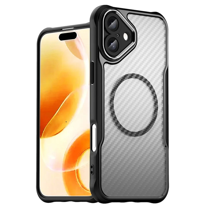 For iPhone 16 Plus Magnetic Case TPU+PC Phone Cover Carbon Fiber Texture - Black - 1