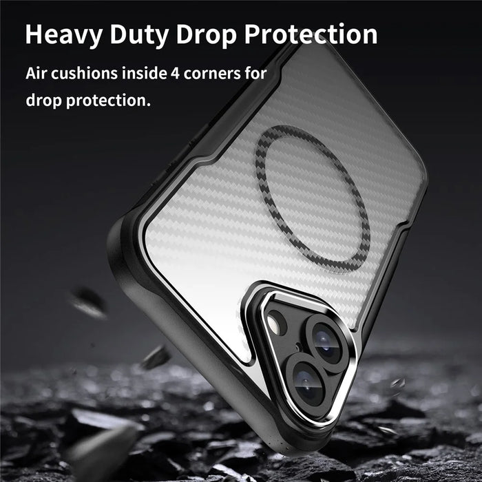 For iPhone 16 Plus Magnetic Case TPU+PC Phone Cover Carbon Fiber Texture - Black - 6