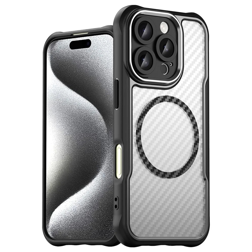 For iPhone 16 Pro Magnetic Case Carbon Fiber Texture Translucent TPU+PC Phone Cover - Black - 1
