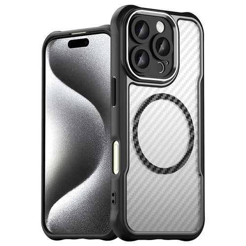 For iPhone 16 Pro Magnetic Case Carbon Fiber Texture Translucent TPU+PC Phone Cover - Black - 1
