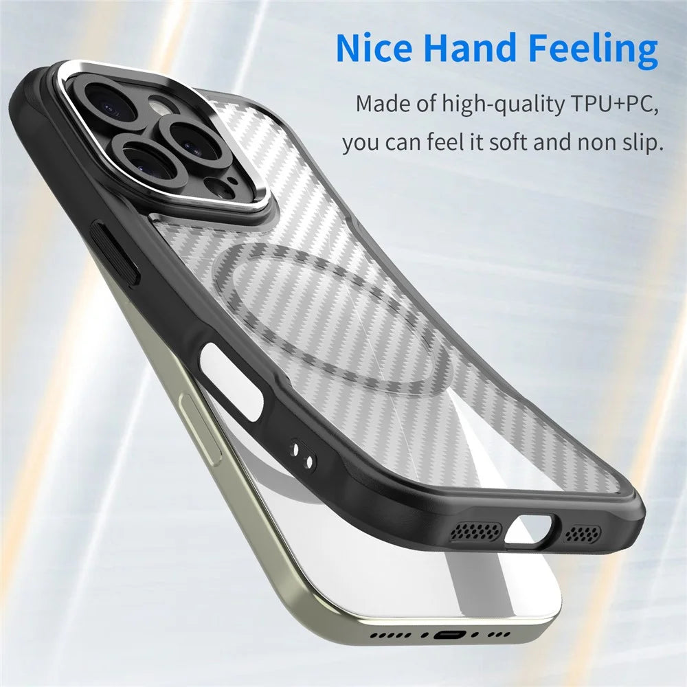 For iPhone 16 Pro Magnetic Case Carbon Fiber Texture Translucent TPU+PC Phone Cover - Black - 2
