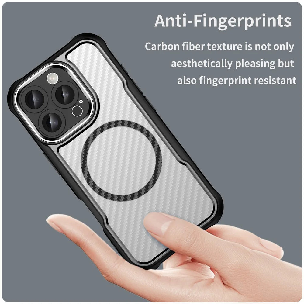 For iPhone 16 Pro Magnetic Case Carbon Fiber Texture Translucent TPU+PC Phone Cover - Black - 3