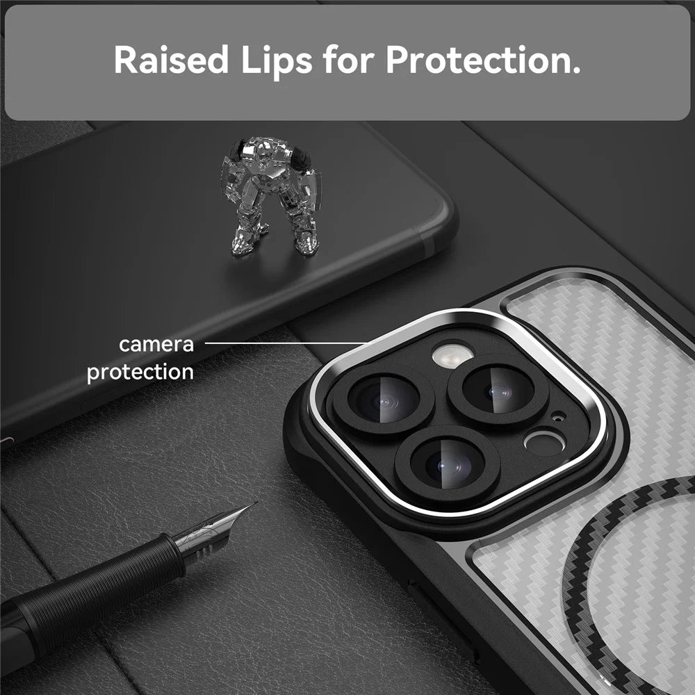 For iPhone 16 Pro Magnetic Case Carbon Fiber Texture Translucent TPU+PC Phone Cover - Black - 4