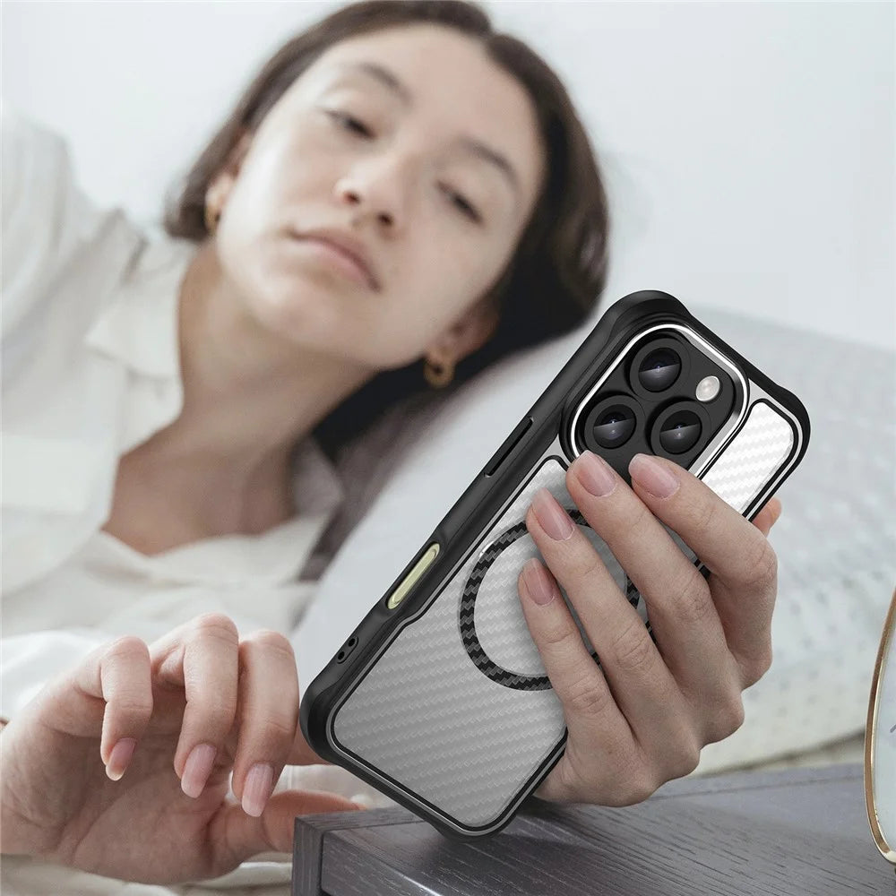 For iPhone 16 Pro Magnetic Case Carbon Fiber Texture Translucent TPU+PC Phone Cover - Black - 5