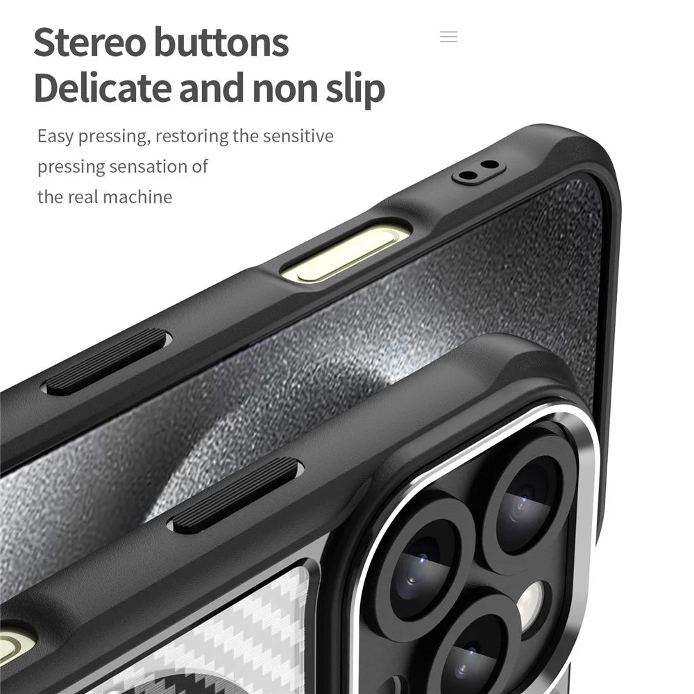 For iPhone 16 Pro Magnetic Case Carbon Fiber Texture Translucent TPU+PC Phone Cover - Black - 6